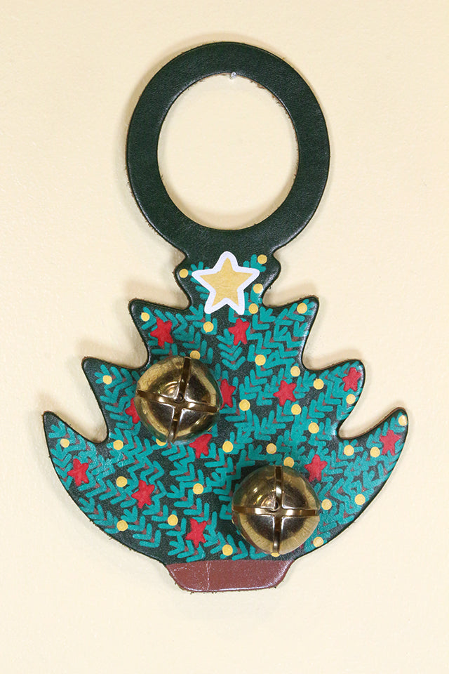 TREE - Hand-Painted LEATHER CHRISTMAS TREE with PINE & STARS Doorknob Bell