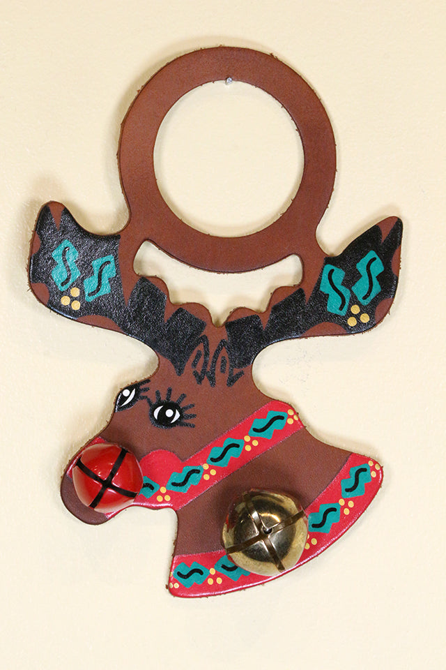 REINDEER HEAD - Hand-Painted Leather Doorknob Bell