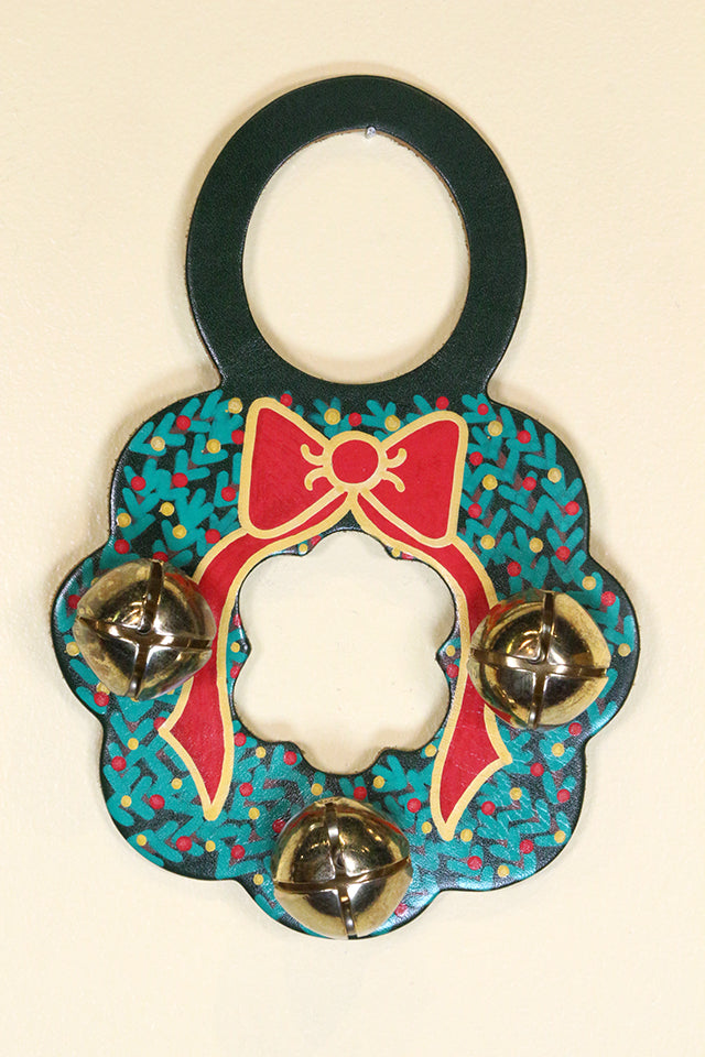 CHRISTMAS WREATH - Hand-Painted Leather Doorknob Bell