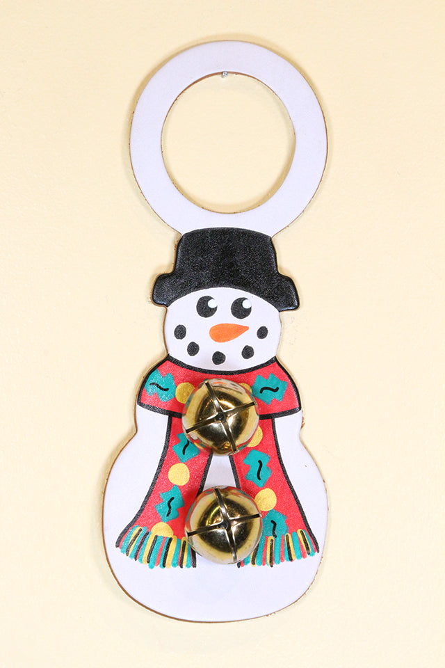 SNOWMAN with RED HOLLY SCARF - Hand-Painted Leather Doorknob Bell