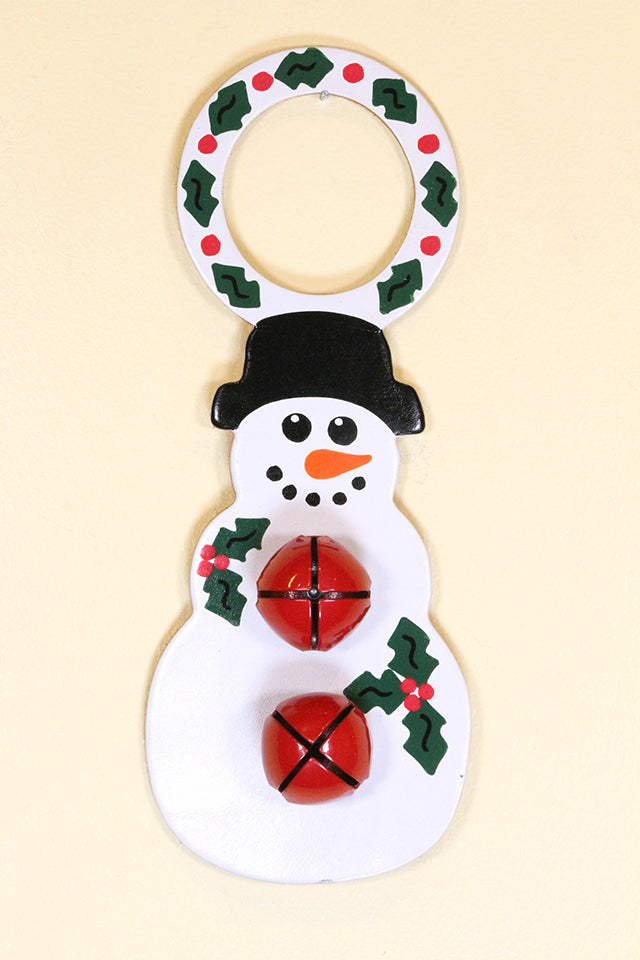 SNOWMAN with RED BELLS & HOLLY - Hand-Painted Leather Doorknob Bell