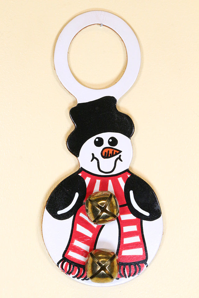 SNOWMAN (ROUND) with RED SCARF - Hand-Painted Leather Doorknob Bell