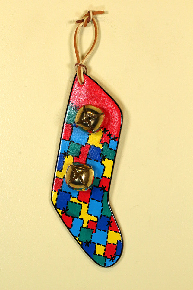 STOCKING - OLD-FASHIONED PATCHWORK - Hand-Painted Leather Doorknob Bell