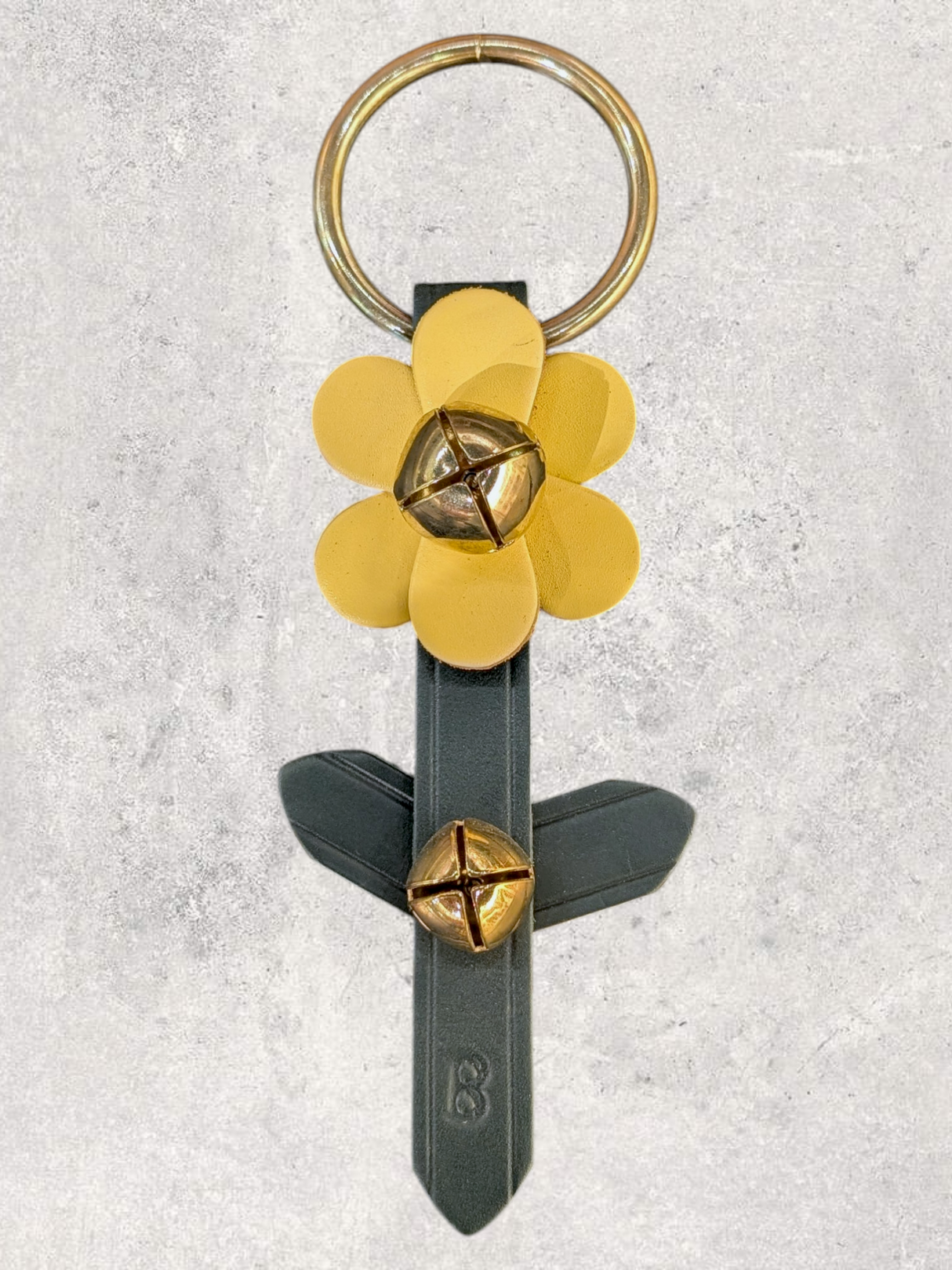 LEATHER FLOWER DOOR HANGER - 1 Yellow Bloom on Green Stem Strap with 2 Bells & Leaf Detail