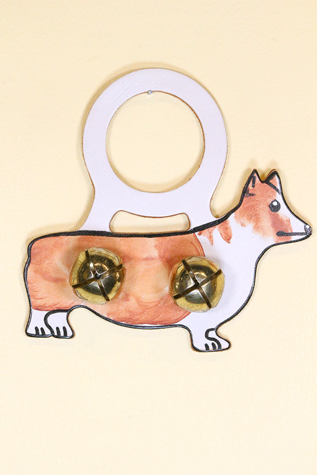 CORGI Hand-Painted LEATHER Doorknob Bell - TAN & WHITE