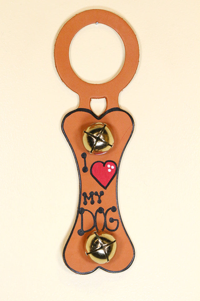 DOG BONE - "I (Heart) MY DOG" - Hand-Painted Leather Doorknob Bell