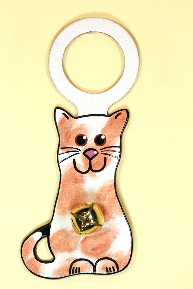 CAT (Sitting Kitten) ORANGE & WHITE SPOTTED Hand-Painted Leather Doorknob Bell