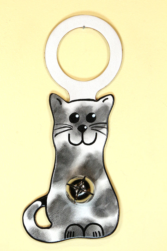 CAT (Sitting Kitten) GRAY & WHITE SPOTTED Hand-Painted Leather Doorknob Bell