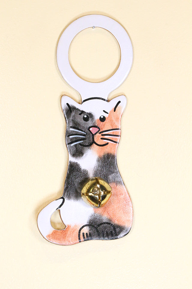 CAT (Sitting Kitten) CALICO Hand-Painted Leather Doorknob Bell