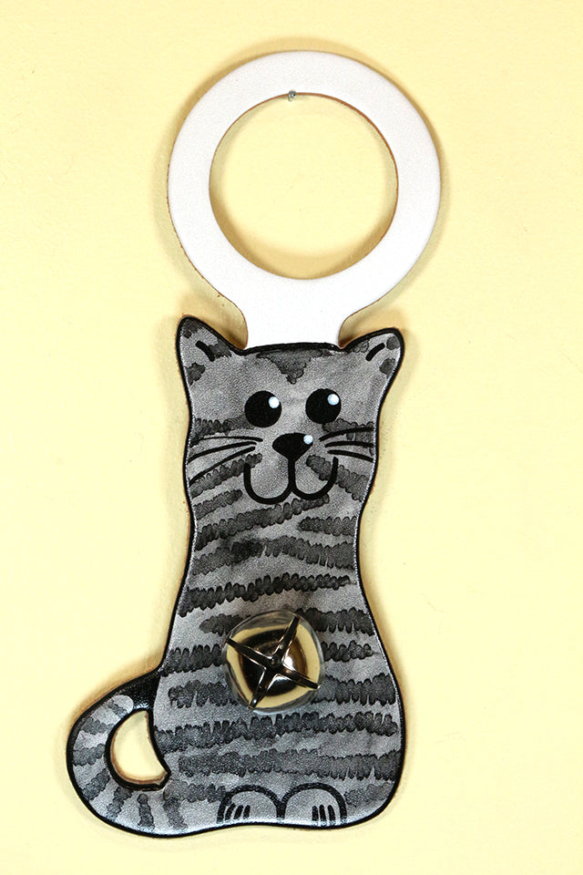 CAT (Sitting Kitten) GRAY TIGER Hand-Painted Leather Doorknob Bell