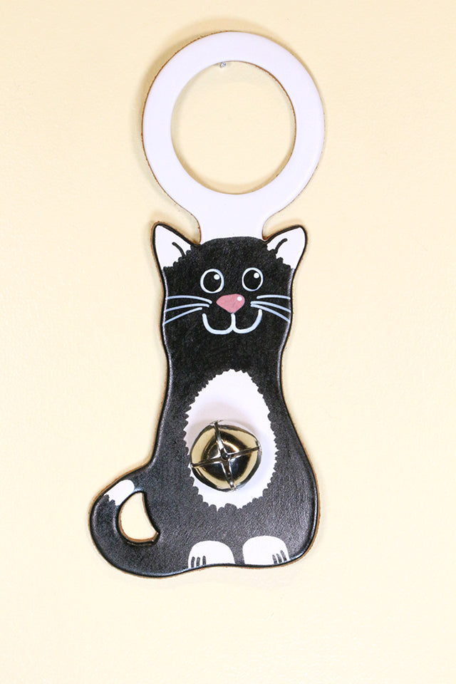 CAT (Sitting Kitten) TUXEDO Hand-Painted Leather Doorknob Bell