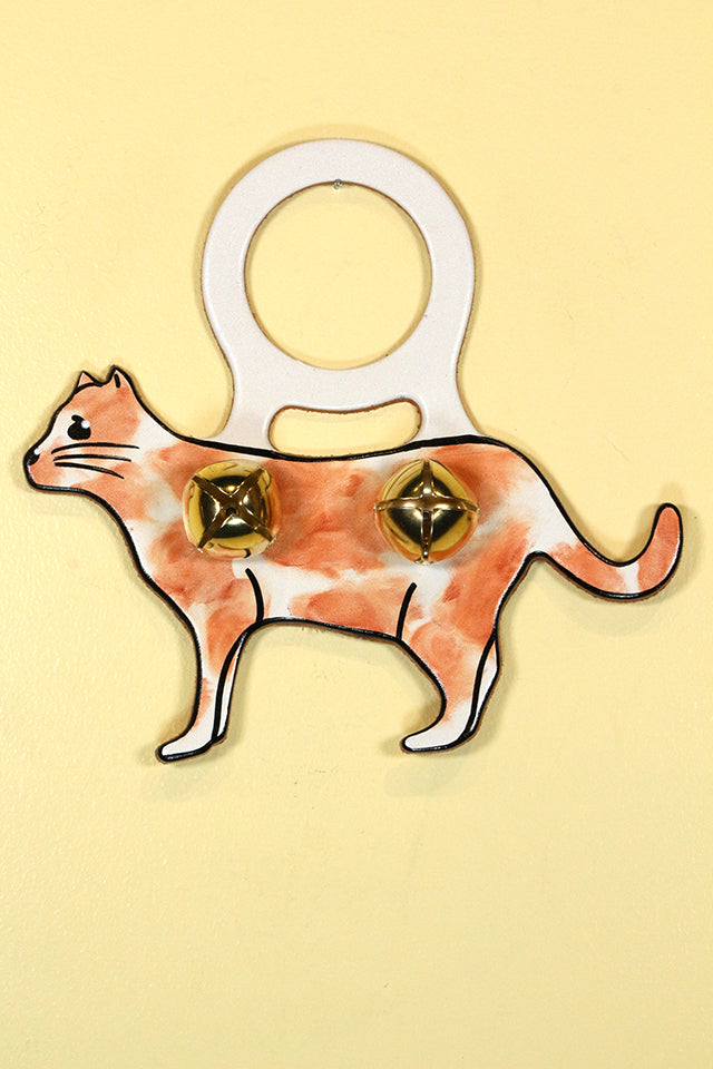 CAT (Standing) ORANGE & WHITE SPOTTED Hand-Painted Leather Doorknob Bell
