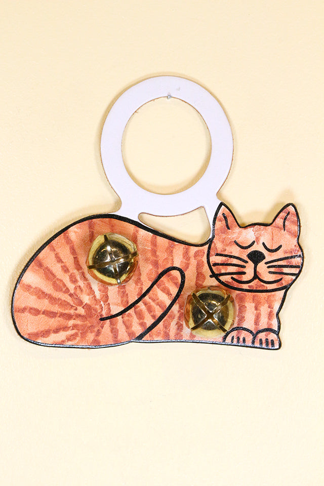 CAT (Sleeping) ORANGE TIGER Hand-Painted Leather Doorknob Bell