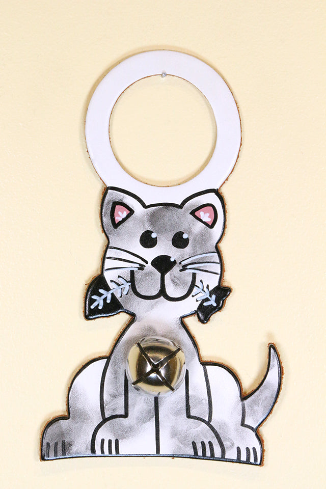 CAT (KITTY with FISH) GRAY & WHITE SPOTTED Hand-Painted Leather Doorknob Bell