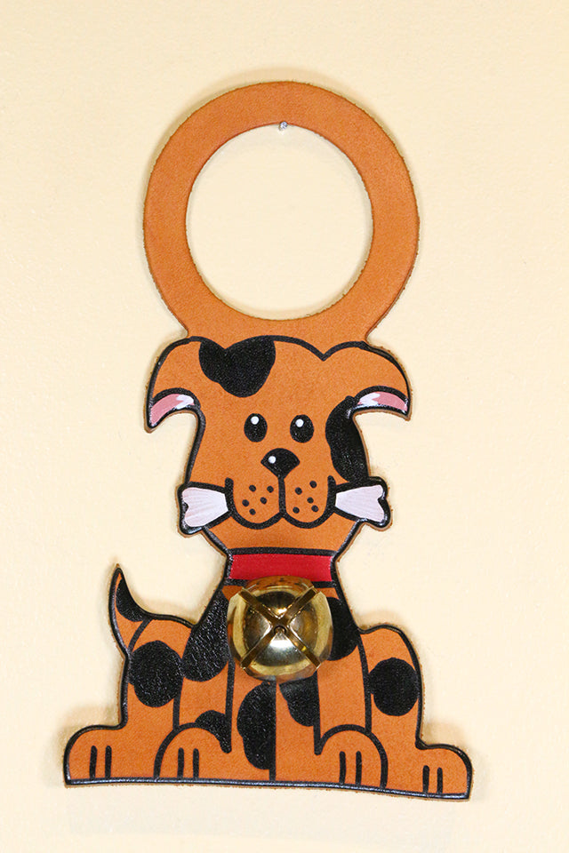 PUPPY with BONE - BLACK & TAN Hand-Painted LEATHER Doorknob Bell