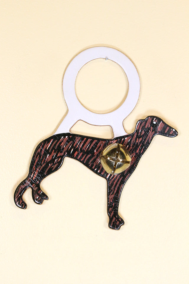 GREYHOUND - BRINDLE Hand-Painted LEATHER Doorknob Bell