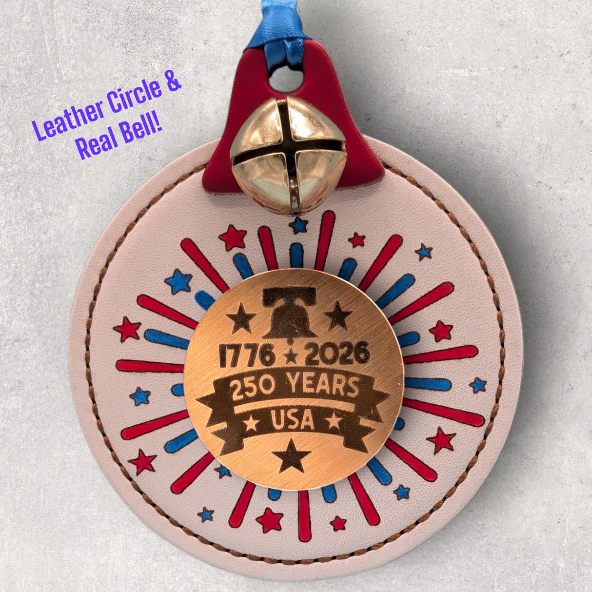 USA - 250 Years Engraved Medallion - Large Hand-Painted Leather Ornament - Small Bell
