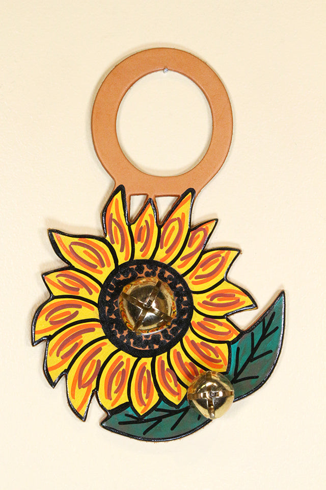 FLOWER - SUNFLOWER Hand-Painted LEATHER Doorknob Bell
