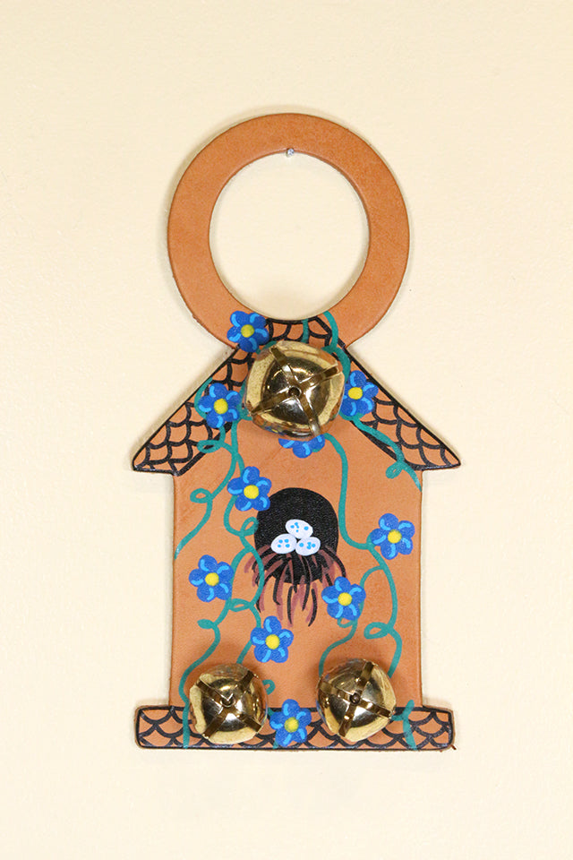 BIRDHOUSE Hand-Painted LEATHER Doorknob Bell