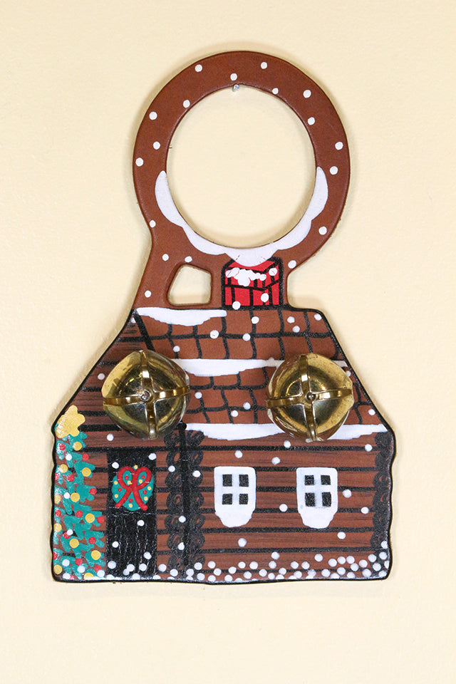 CHRISTMAS LOG CABIN - Hand-Painted Leather Doorknob Bell