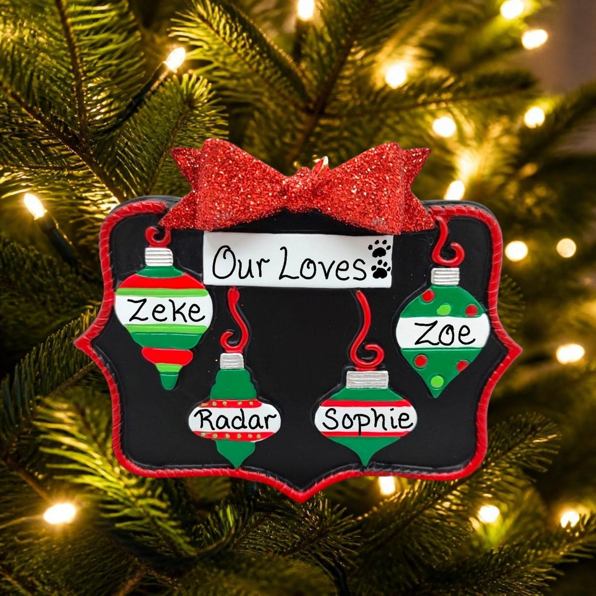 Christmas Ornaments on a Blackboard Ornament (4 Names)
