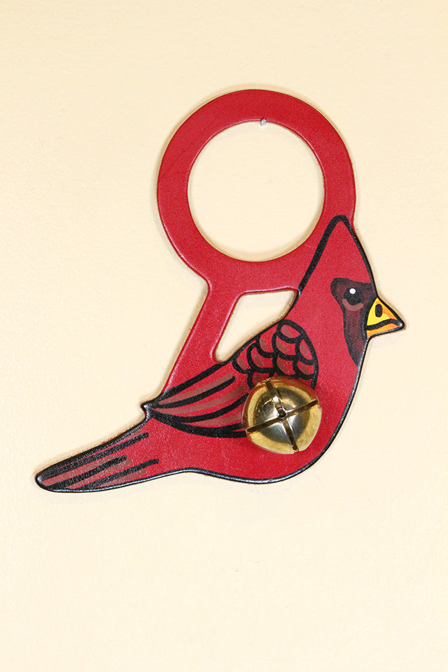 BIRDS - CARDINAL Hand-Painted LEATHER Doorknob Bell