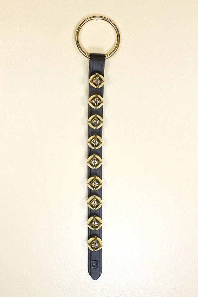 9 Small Brass-Plated Bells on Narrow 16 inch Strap - Lg Ring Top