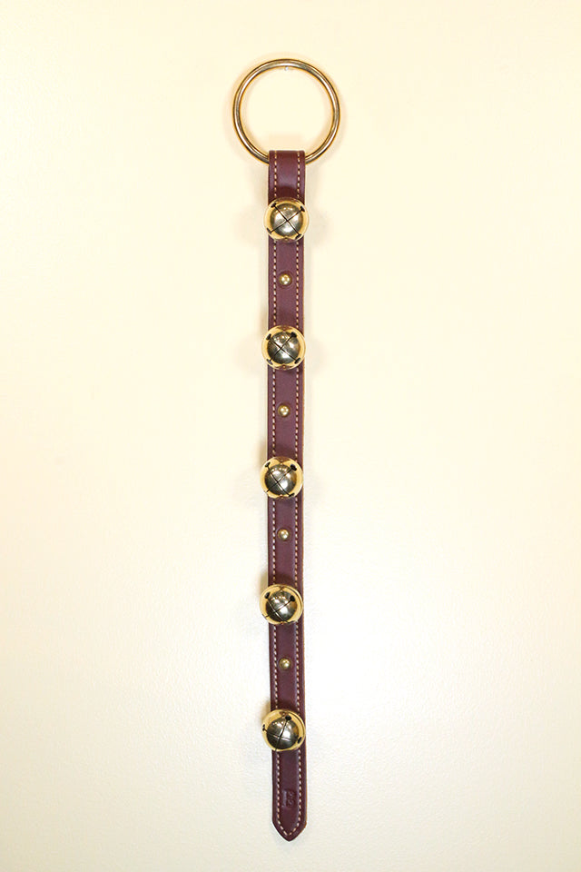 5 Chrome OR Solid Brass Moyer Bells on Narrow, Stitched & Studded 20 inch Strap - Lg Ring Top