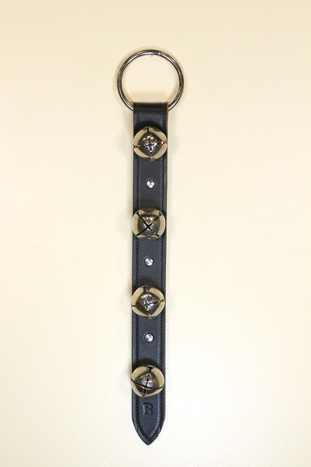 4 Plated Bells on Wide 16 inch Stitched & Studded Strap - Lg Ring Top