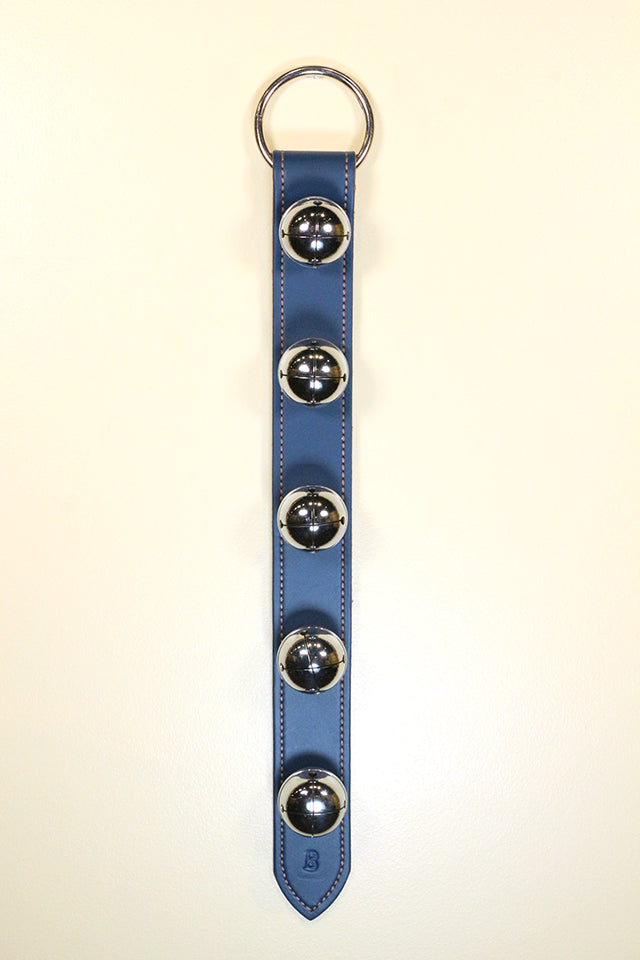 5 Large Chrome OR Solid Brass Moyer Bells on X-Wide 20 inch Strap - Lg Ring Top