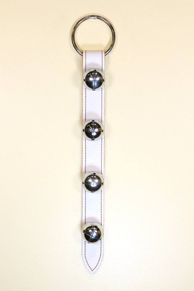 4 Chrome OR Solid Brass Moyer Bells on Wide 16 inch Stitched Strap - Lg Ring Top