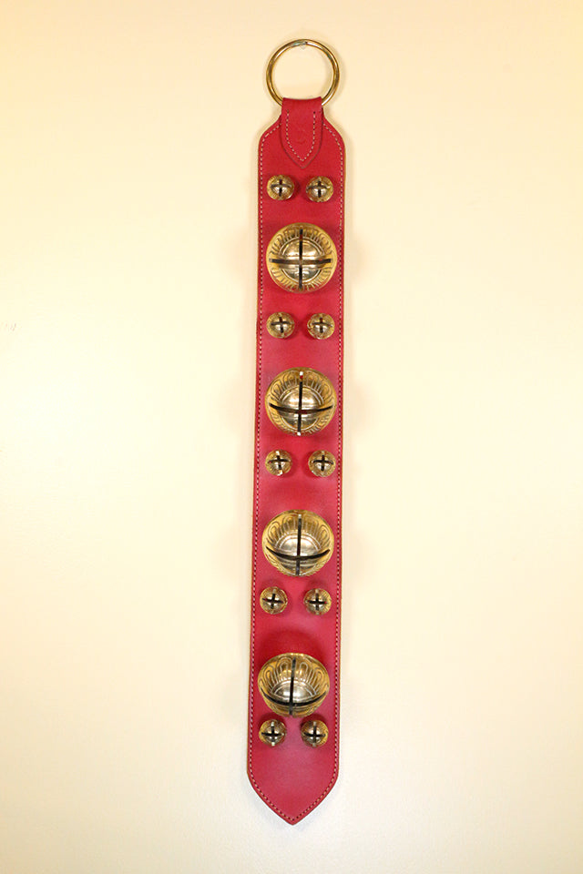 4 # 15 and 10 #1 Solid Brass Belsnickel Bells - Large 2-Ply Leather "Banister" Strap