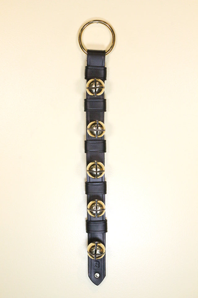 5 Solid Brass Colonial-Style Bells on 2-Ply Strap - Keepers - Ring Top - Rivet Bottom