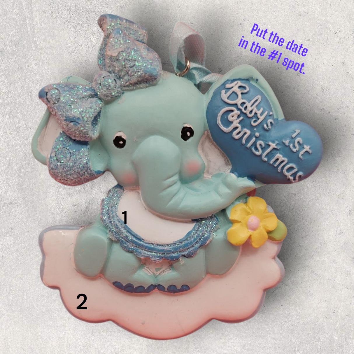 BLUE - BABY ELEPHANT 1st CHRISTMAS Ornament w/ YELLOW FLOWER