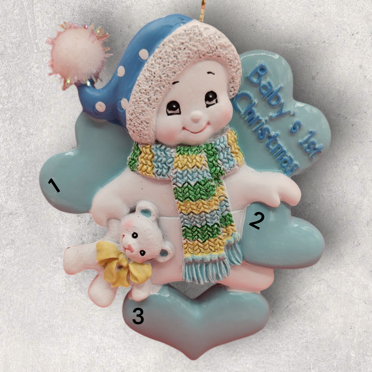 BLUE - BABY's 1st CHRISTMAS Ornament - SNOWBABY w/ TEDDY BEAR