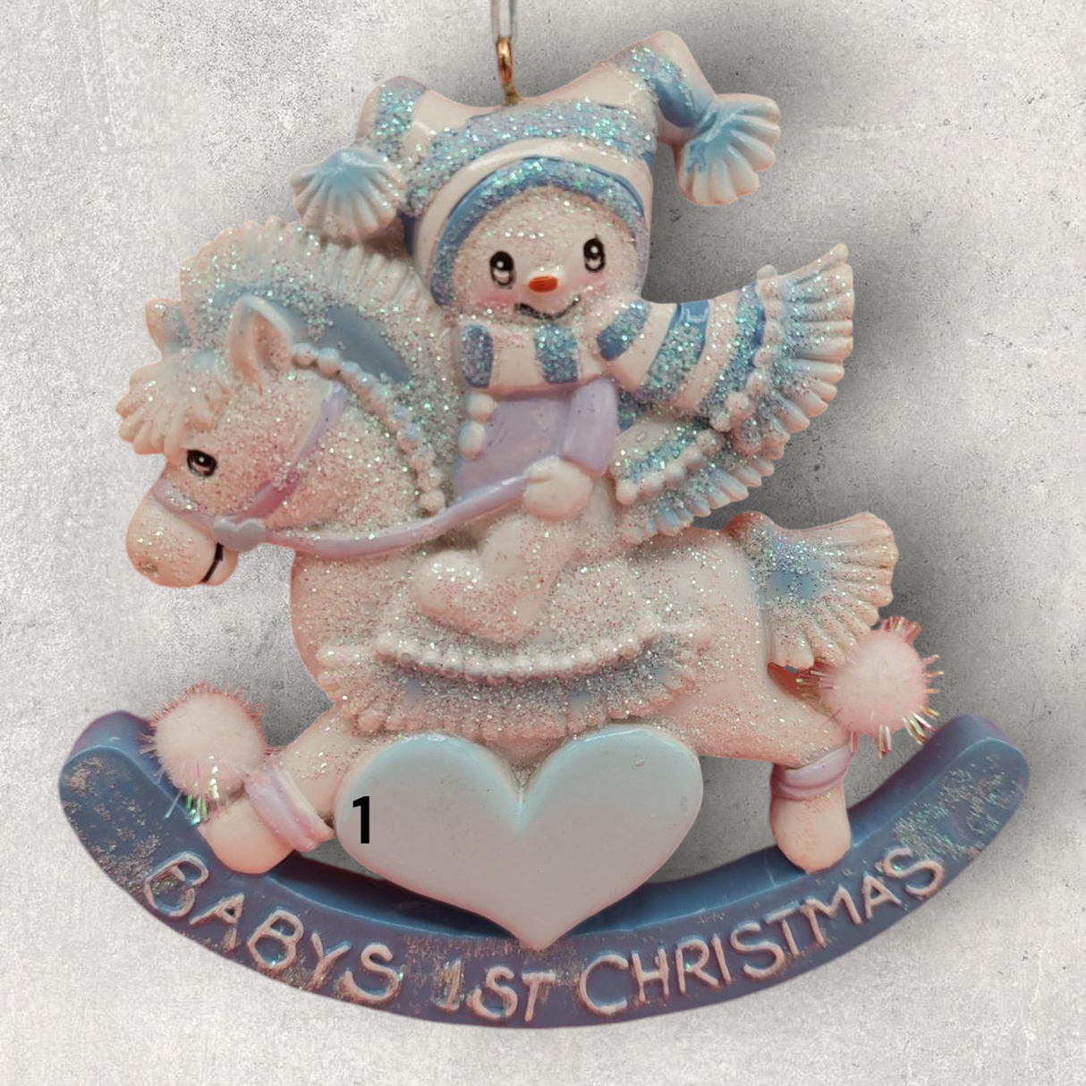 BLUE - BABY's 1st CHRISTMAS Ornament - SNOWBABY on ROCKING HORSE