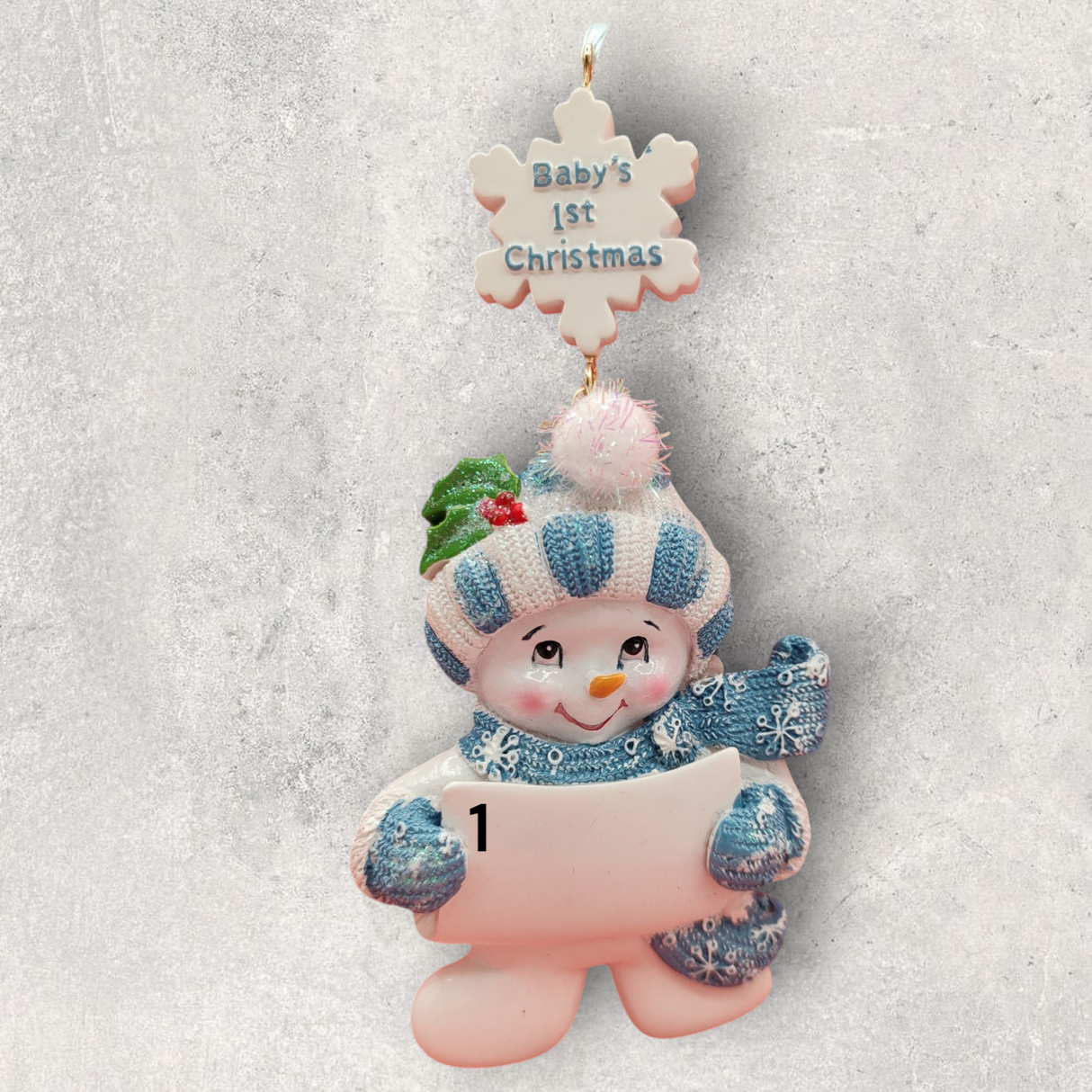 BLUE - BABY's 1st CHRISTMAS  Ornament - SNOWBABY HOLDING SIGN