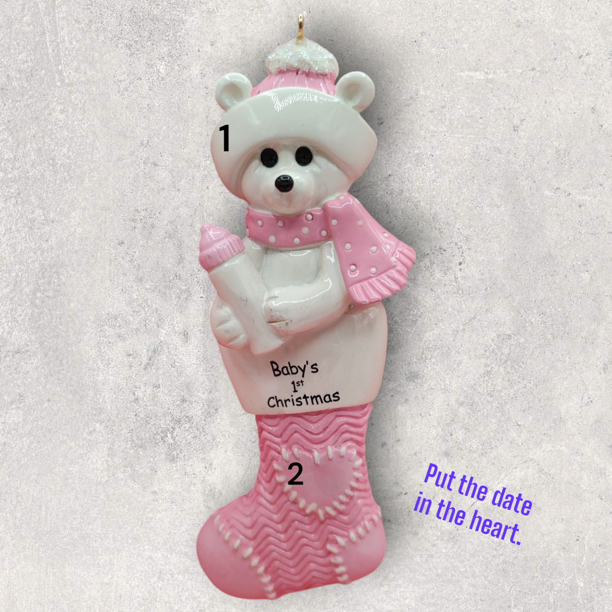 PINK - BABY's 1st CHRISTMAS Ornament -BEAR in STOCKING