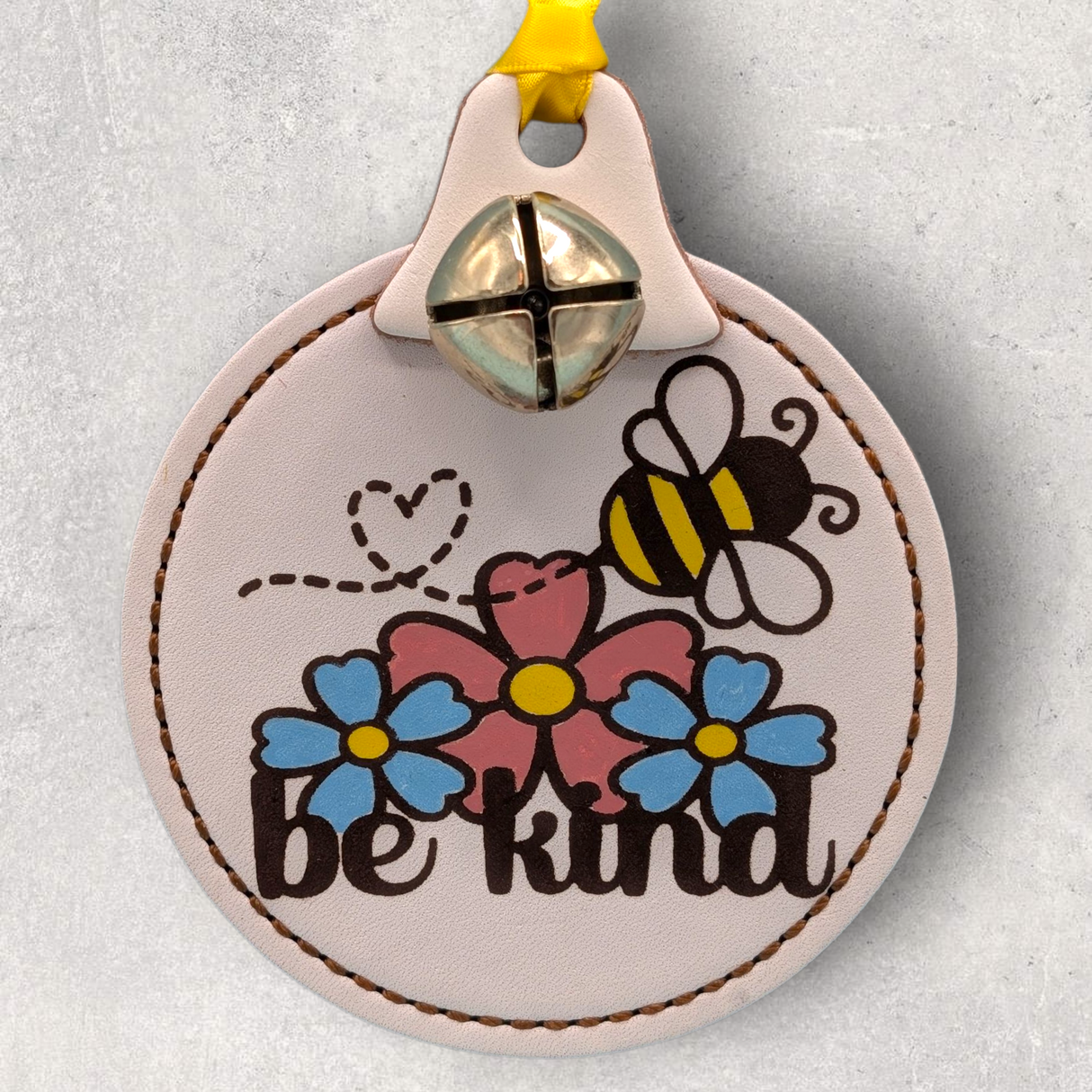BE KIND - Large Hand-Painted Leather Year-Round Ornament - Small Bell
