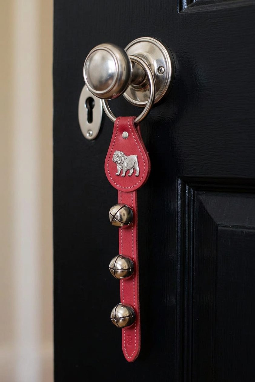 BULLDOG CHARM above 3 Bells on Leather Strap