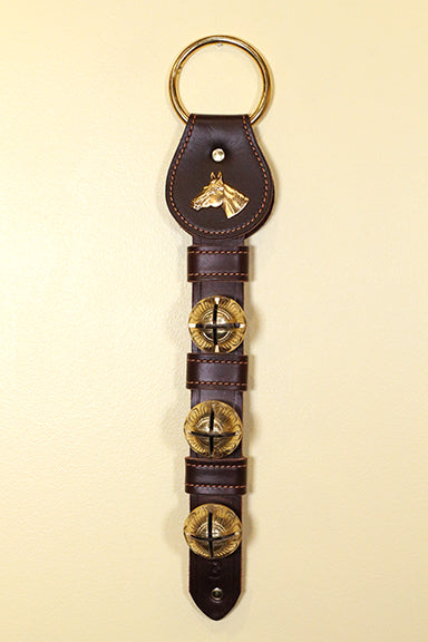 HORSE HEAD CHARM above 3 Solid Brass Belsnickel Bells on Leather Strap