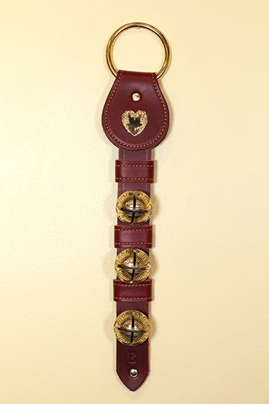 HEART CHARM above 3 Solid Brass Belsnickel Bells on Leather Strap - NOTE: BRASS HEART Charm will NOT be AVAILABLE until early December.