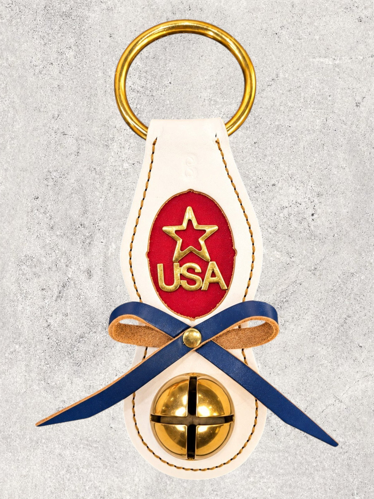 USA Star Charm on Tri-Color Leather Doorhanger - Solid Brass Colonial-Style Bell