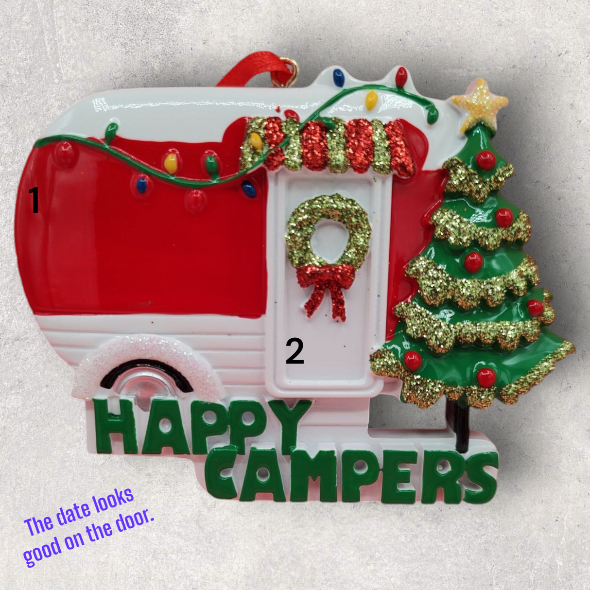 CAMPING Ornament - RED "HAPPY CAMPERS" DECORATED for CHRISTMAS
