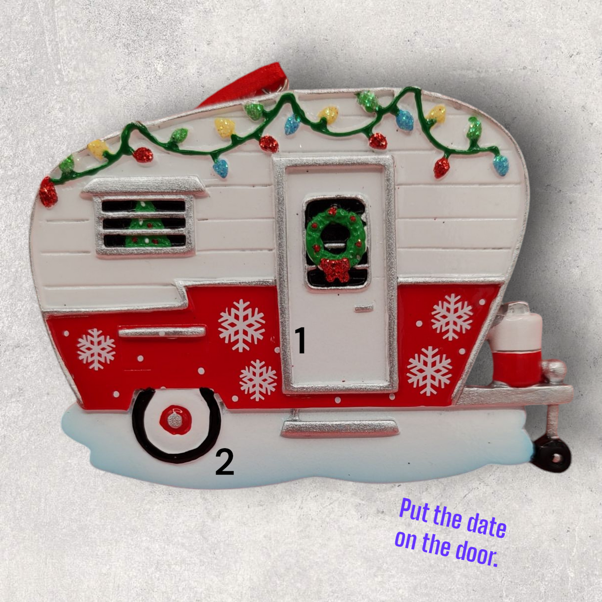 CAMPING Ornament - RED & WHT CAMPER w/ LIGHTS & SNOWFLAKES