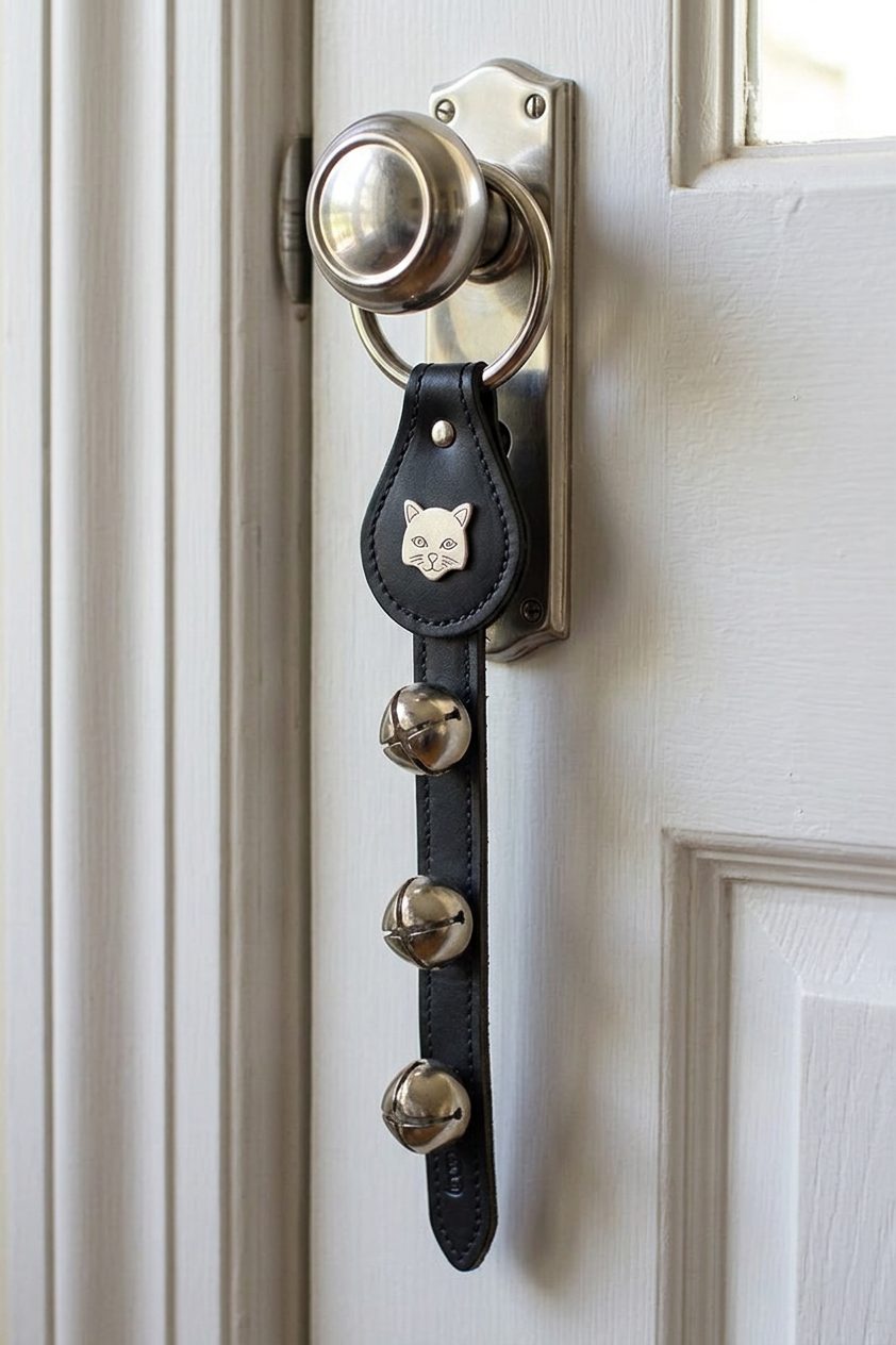 CAT FACE CHARM above 3 Bells on Leather Strap
