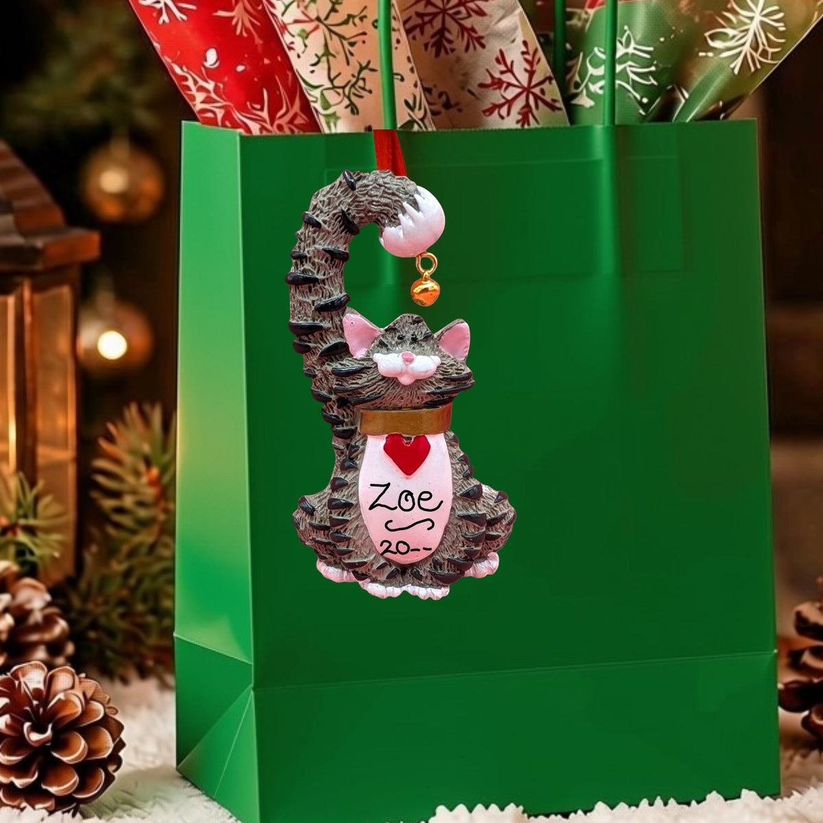CAT with BELL Ornament - GRAY