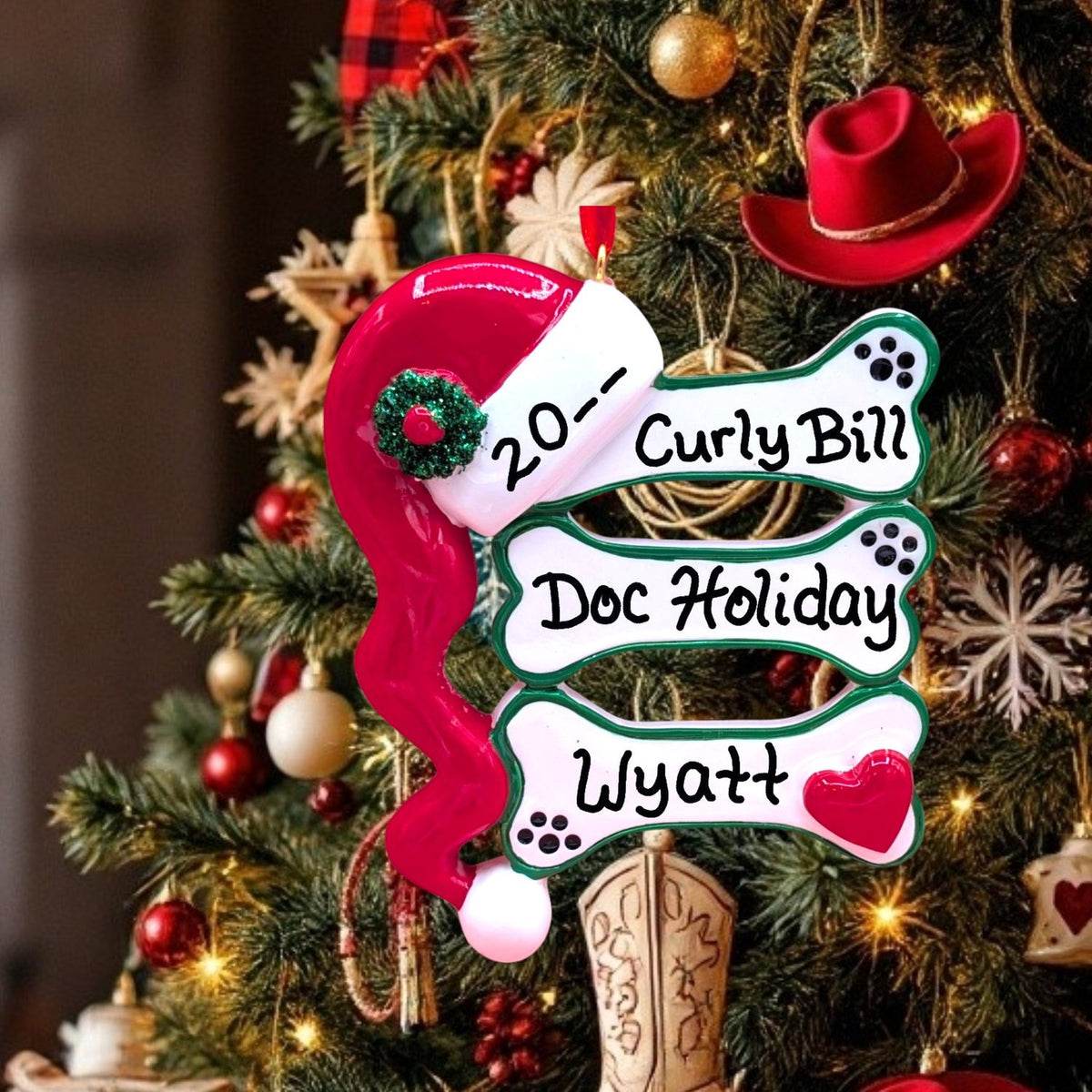 Dog Bones With Santa Hat Ornament (3 Names)