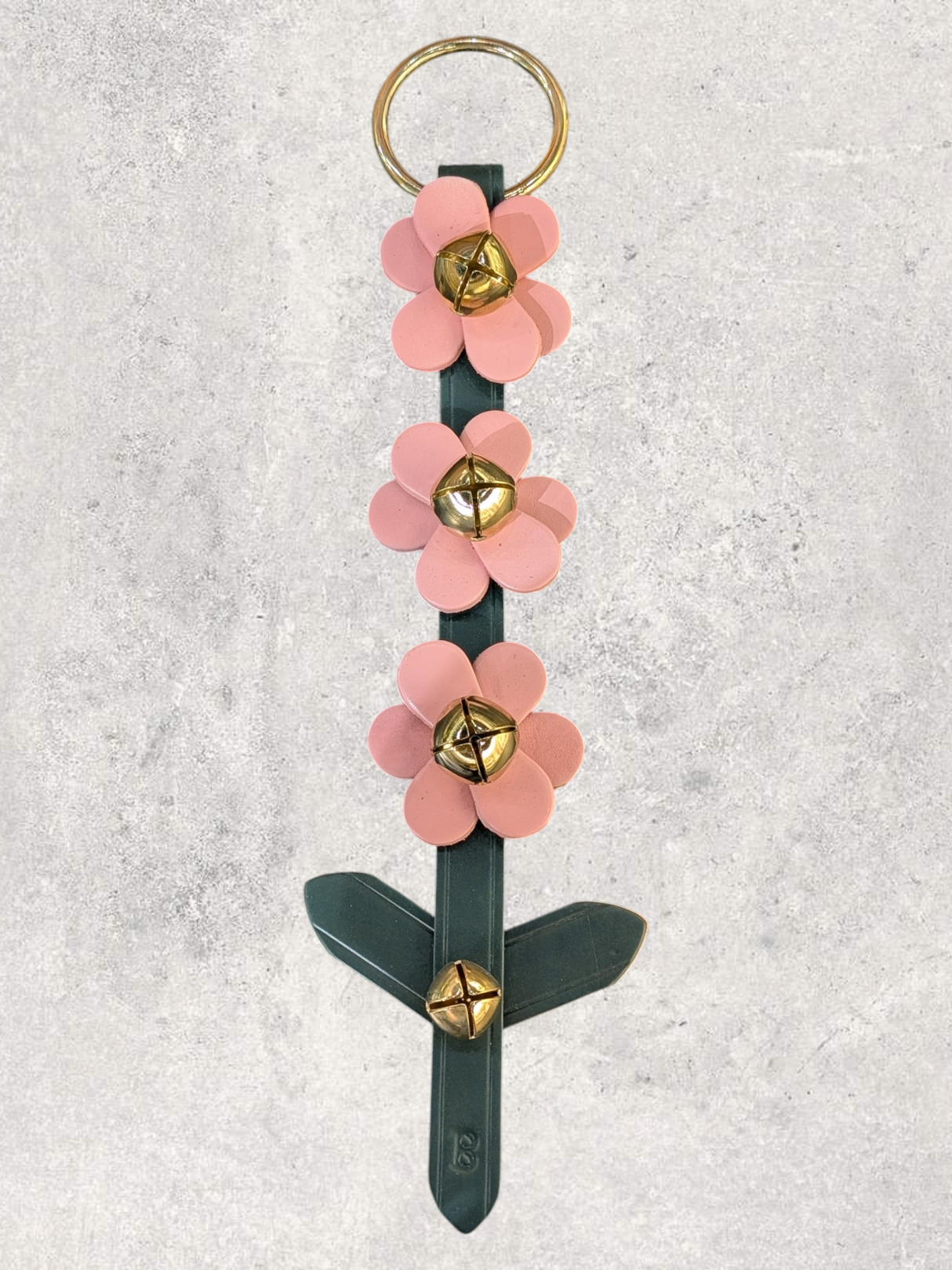 LEATHER FLOWER DOOR HANGER - 3 Pale Pink Blooms on Green Stem Strap with 4 Bells & Leaf Detail