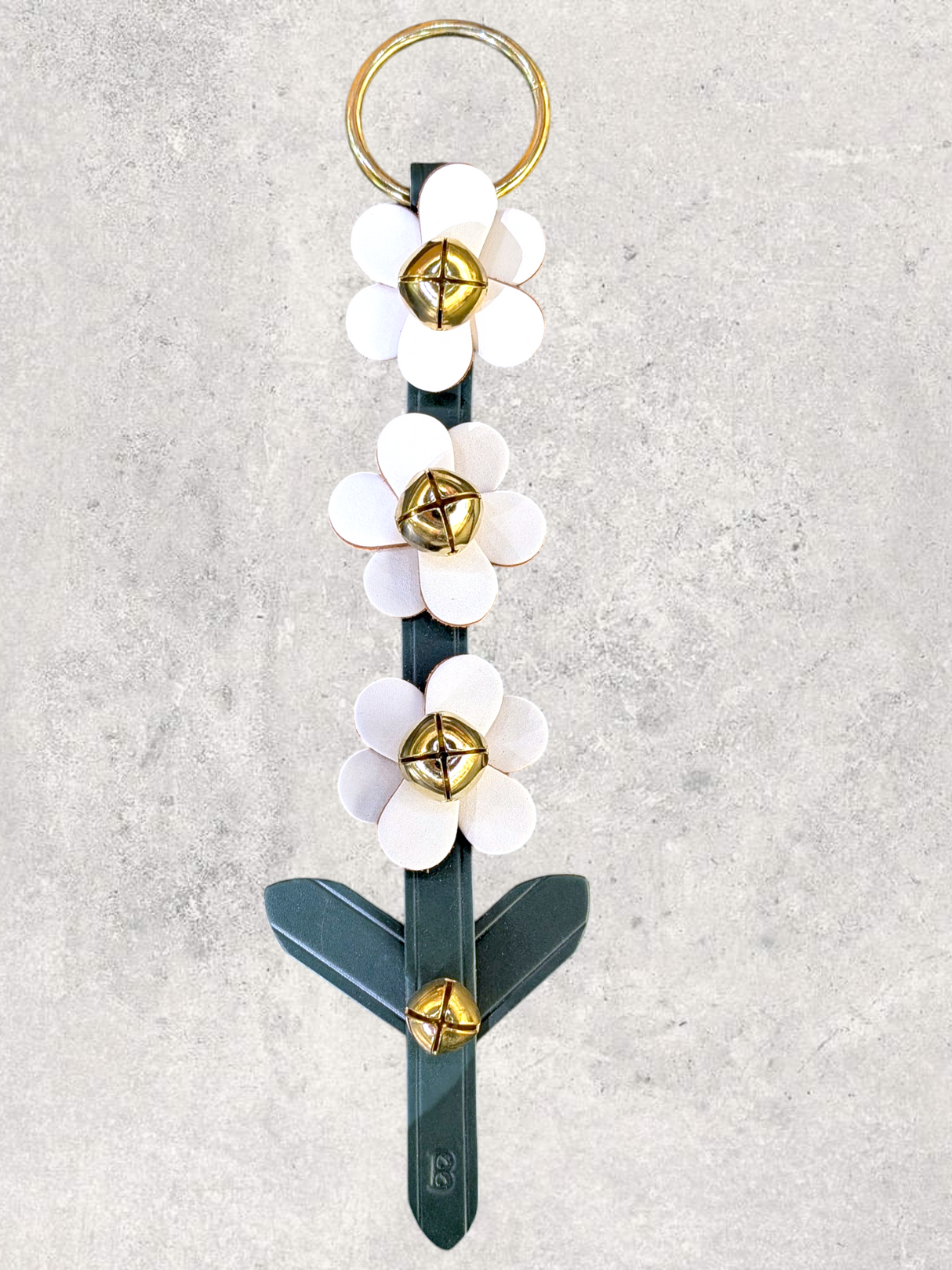LEATHER FLOWER DOOR HANGER - 3 White Blooms on Green Stem Strap with 4 Bells & Leaf Detail